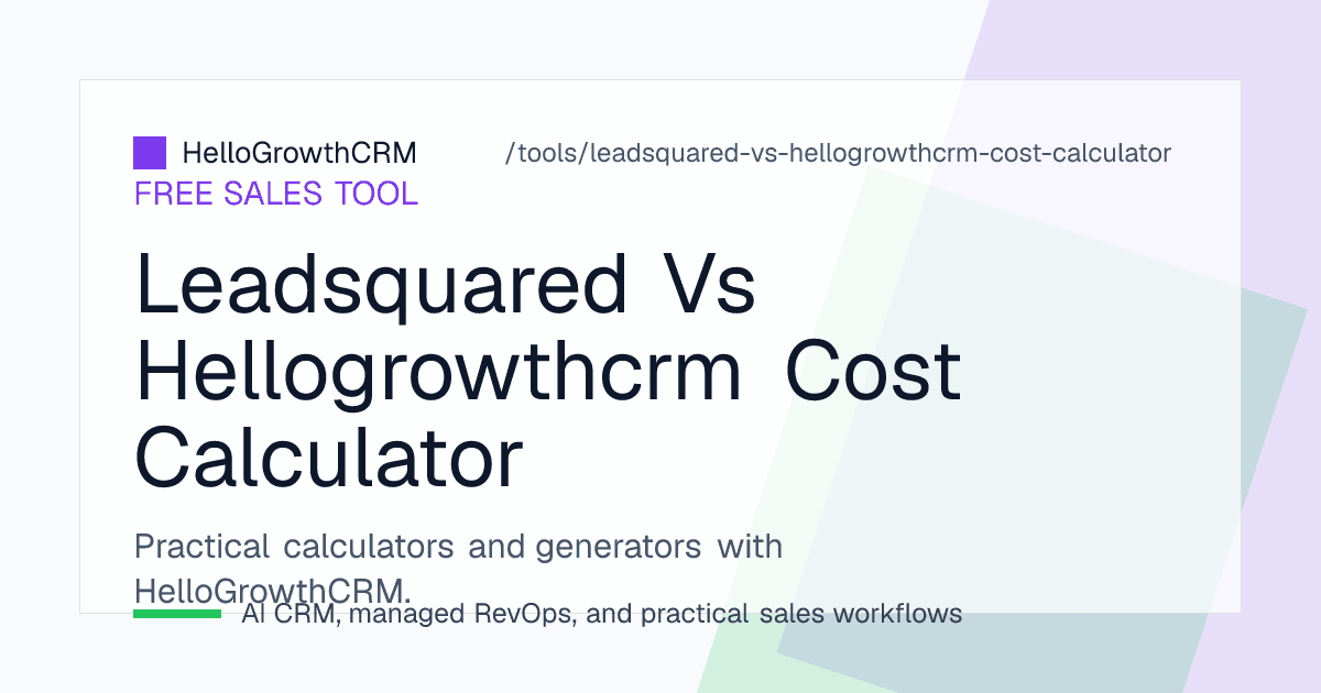 Quote-led CRM cost worksheet covering user bands, modules, lead volume, implementation and training alongside HelloGrowthCRM published per-user pricing
