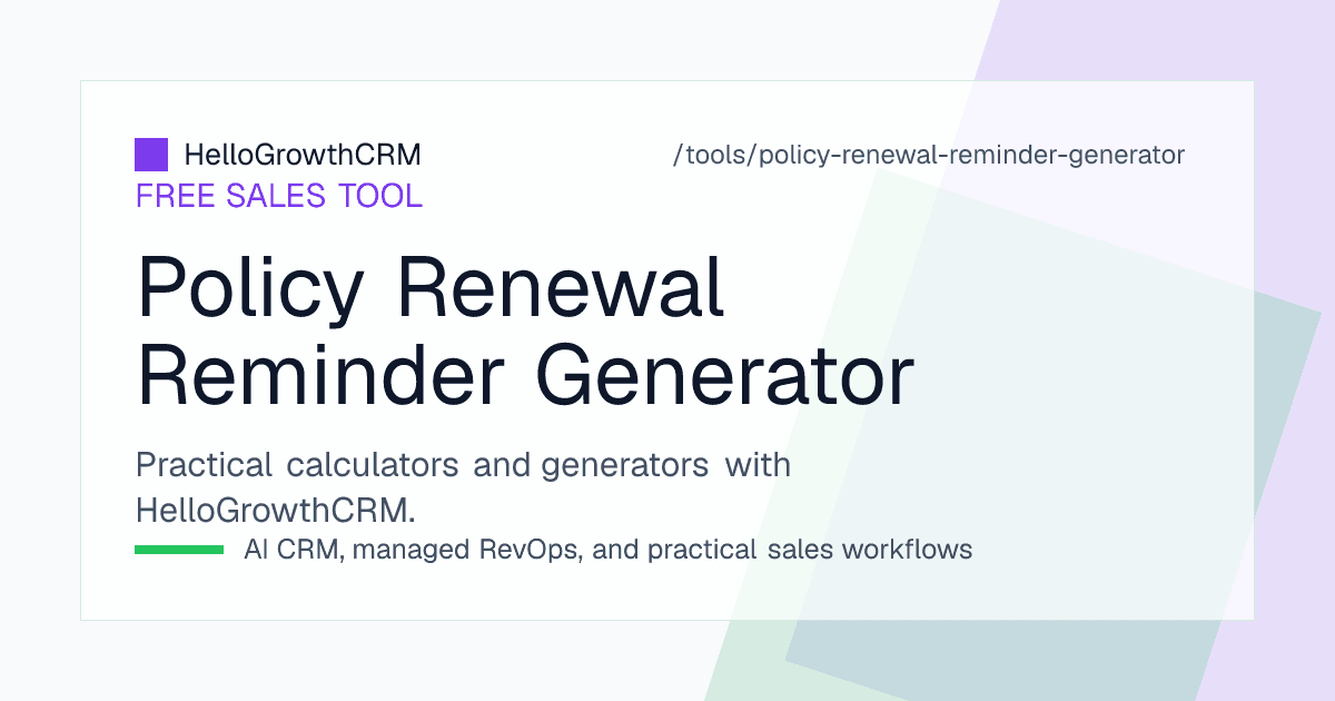 Policy renewal reminder generator showing a motor policy expiry with a scheduled cadence of WhatsApp, call and email touches
