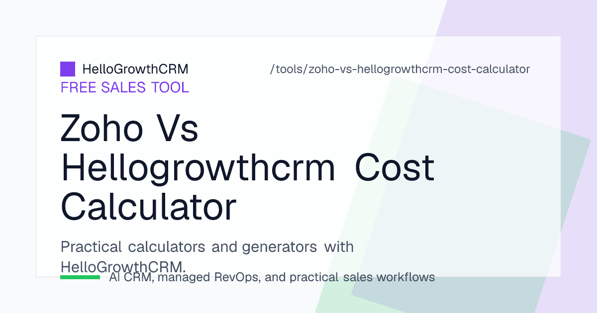 Suite CRM total cost of ownership worksheet comparing per-app licences, edition steps, telephony credits and storage against HelloGrowthCRM per-user pricing