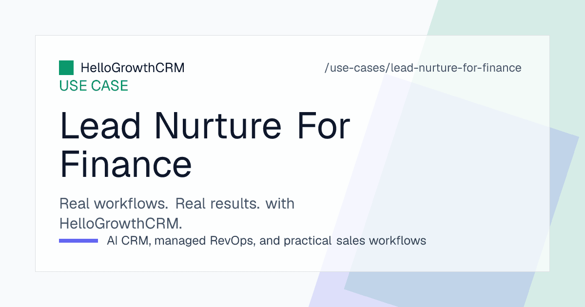 HelloGrowthCRM finance nurture view showing the enquiry queue with response clock, eligibility fields, outstanding document list and revival candidates