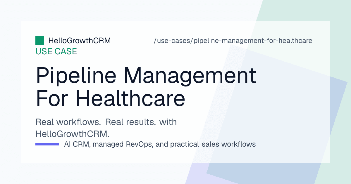 HelloGrowthCRM healthcare view showing enquiries by department, consultation attendance, estimate follow-up lists and pre-authorisation ageing