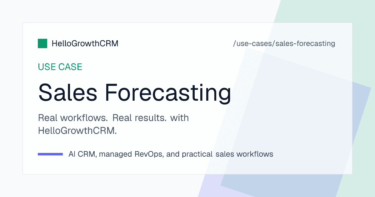 HelloGrowthCRM sales forecasting view showing weighted pipeline, commit and best case categories, at-risk deals and forecast snapshots