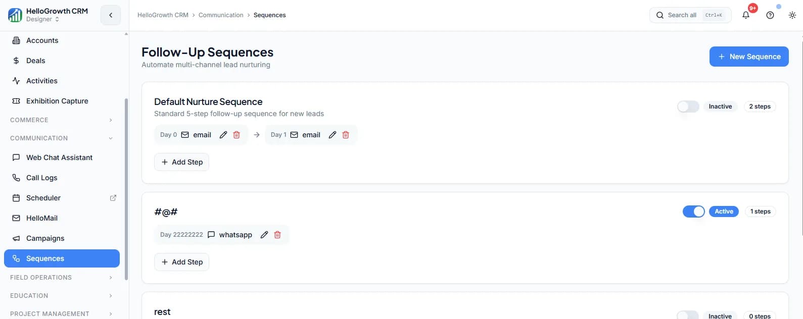 HelloGrowthCRM sequence builder showing scheduled WhatsApp, email, and SMS follow-up steps across several days
