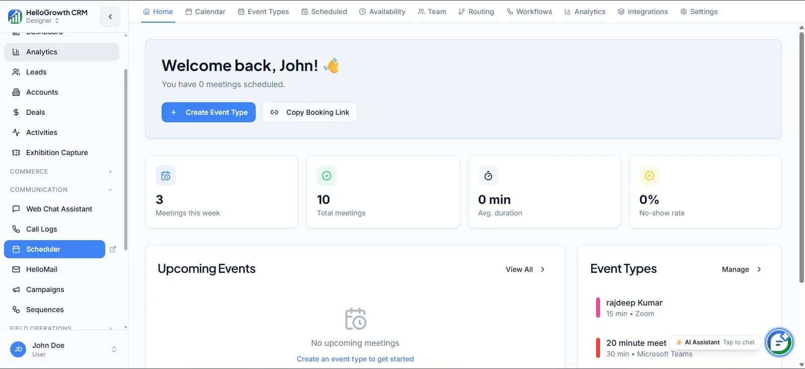 HelloGrowthCRM scheduler showing follow-up tasks and timed sequence touches planned across the week