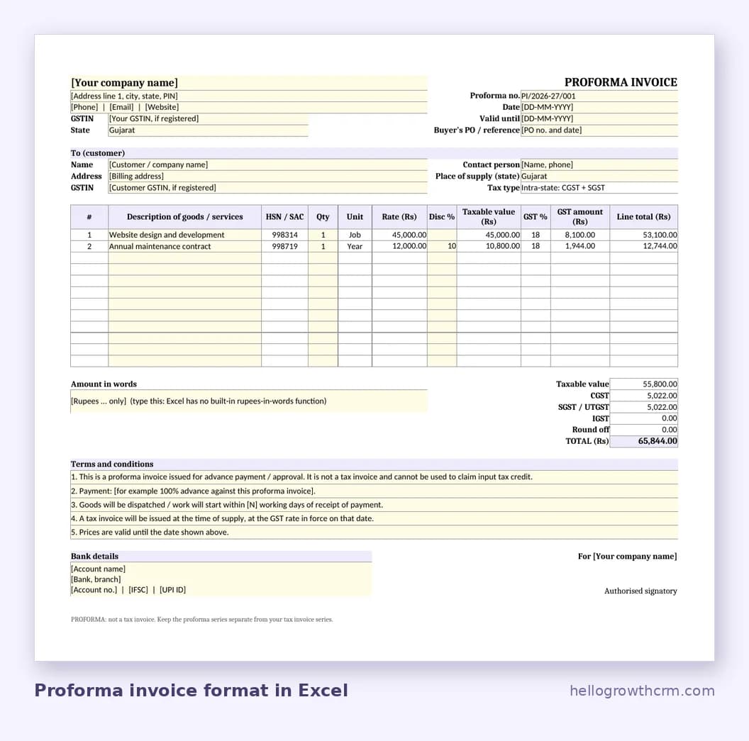 Proforma invoice format in Excel with formulas for discount, taxable value, CGST, SGST, IGST and total