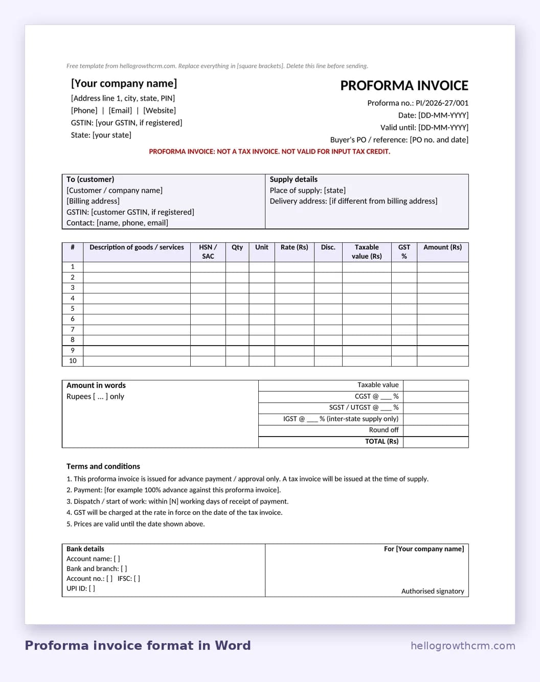 Proforma invoice format in Word marked not a tax invoice, with GST columns, validity date, terms and bank details