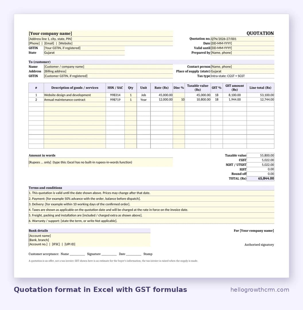 Quotation format in Excel with sample items, discount, taxable value, GST amount and totals calculated by formulas