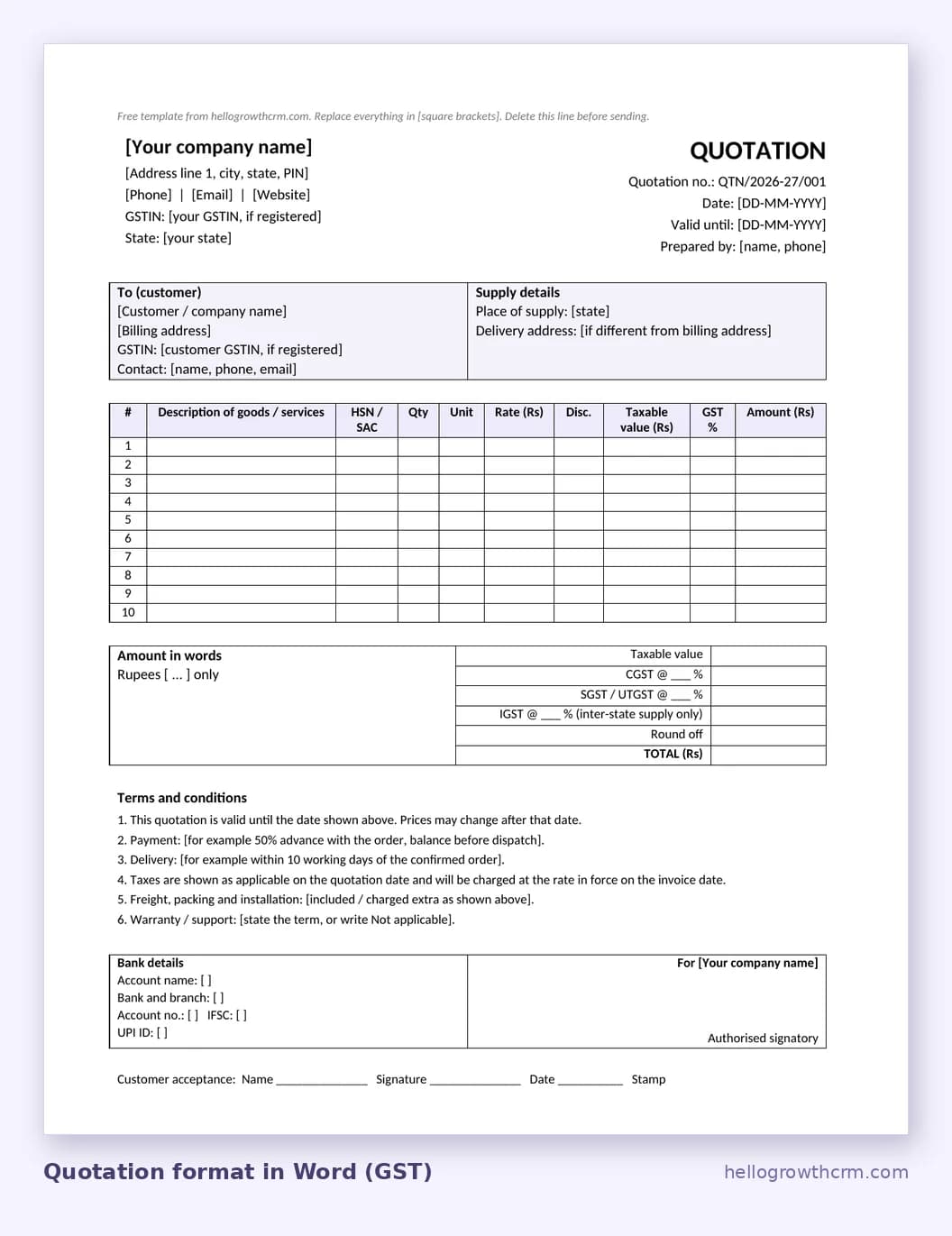 GST quotation format in Word with HSN or SAC, discount, taxable value, GST rate, CGST, SGST and IGST rows, terms, bank details and customer acceptance
