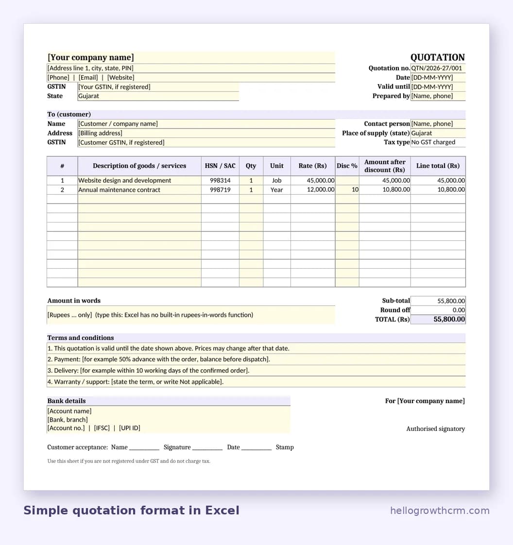 Simple quotation format in Excel without GST columns, with sub-total, round off and total