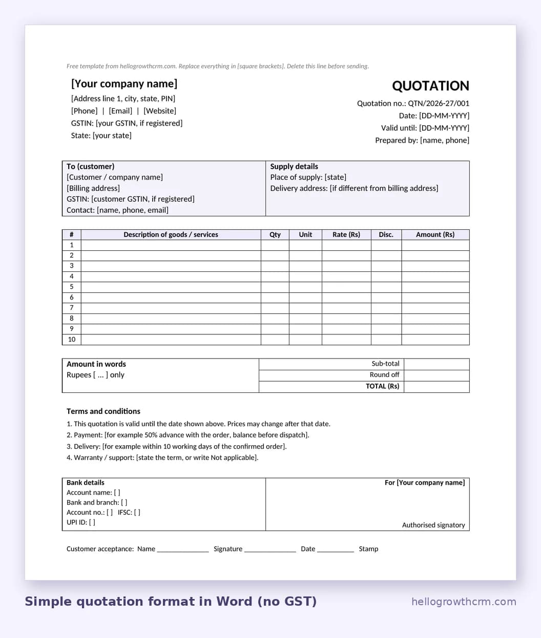 Simple quotation format in Word without GST: company details, customer details, seven-column item table, total in words, terms and signature