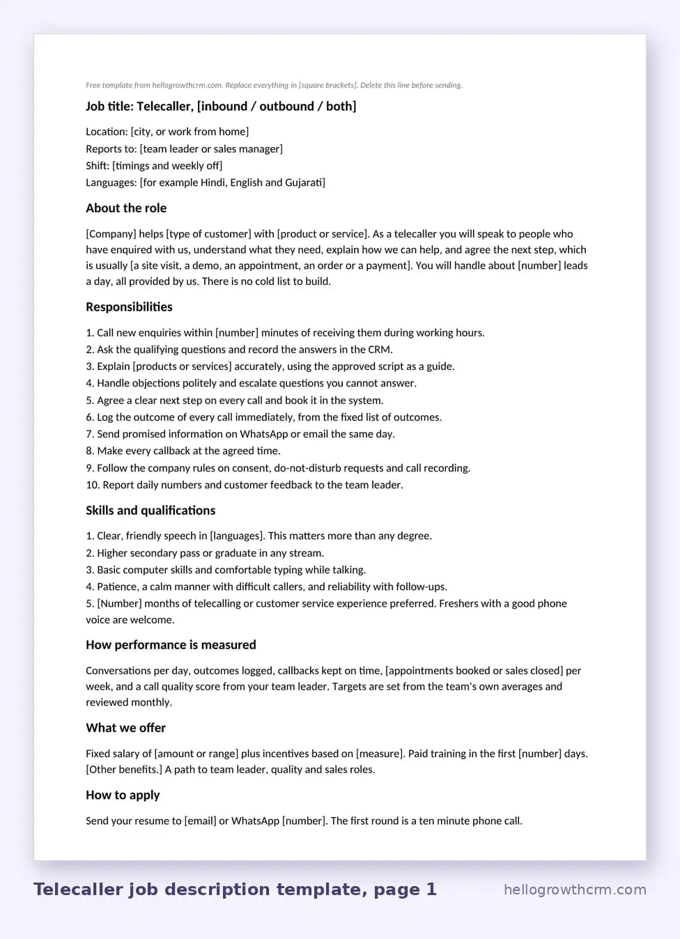 Telecaller job description template in Word, page 1: job title, location, shift, languages, about the role, responsibilities, skills, performance measures, what we offer and how to apply