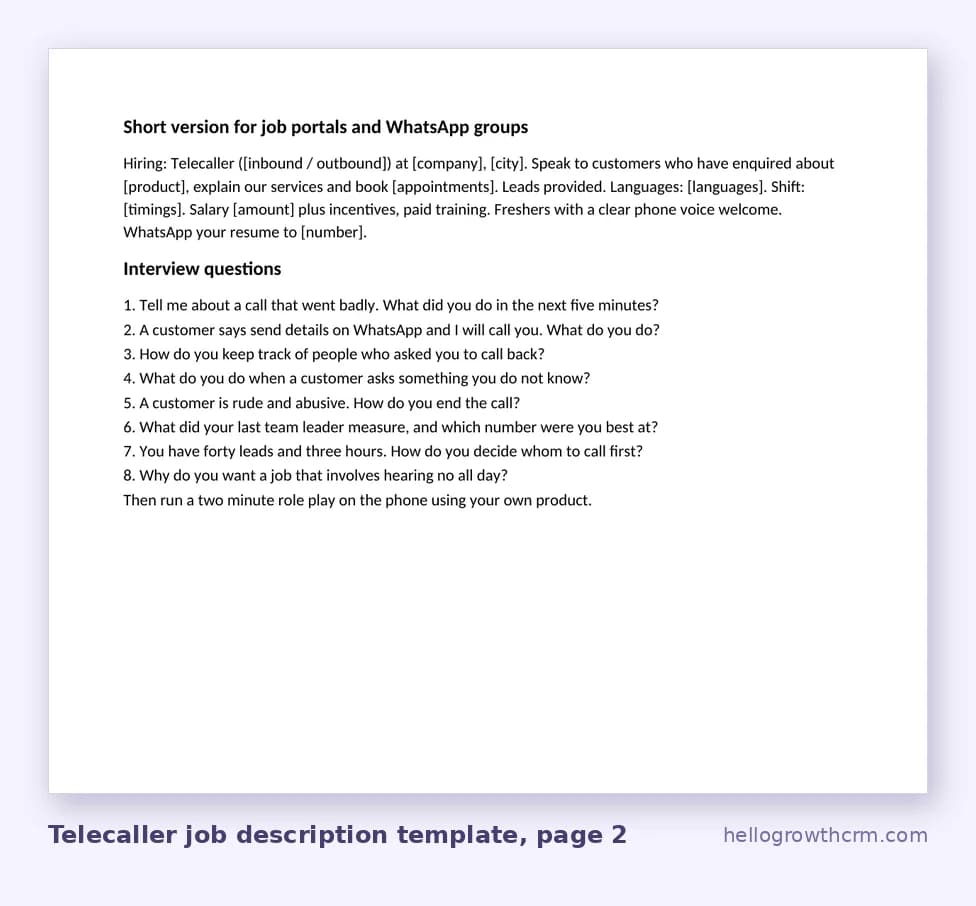 Telecaller job description template in Word, page 2: short version for job portals and WhatsApp groups, and eight interview questions