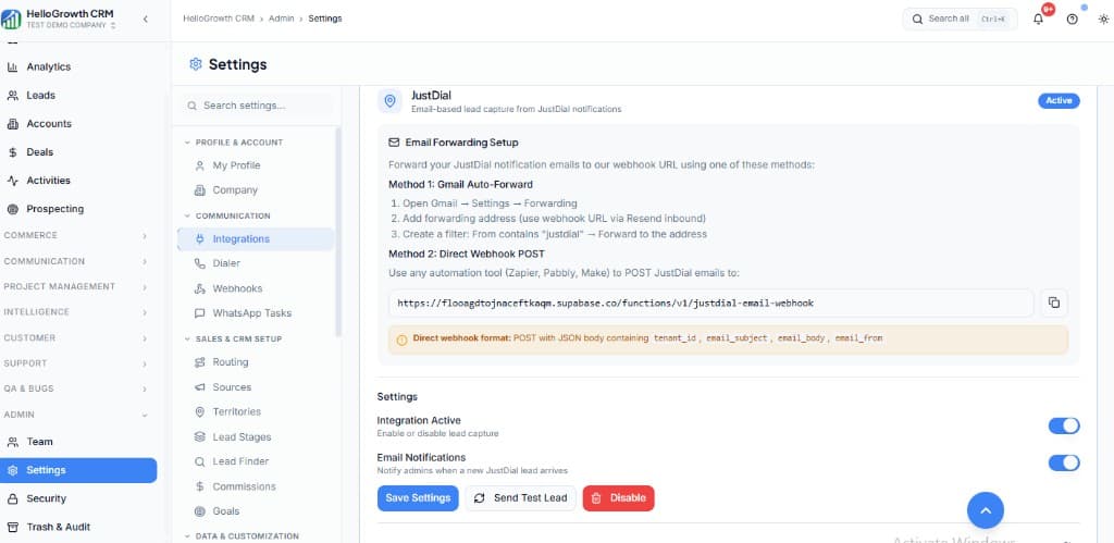 HelloGrowthCRM Settings: Communication Integrations with JustDial card, Gmail forwarding and webhook URL, toggles, Save Settings and Send Test Lead