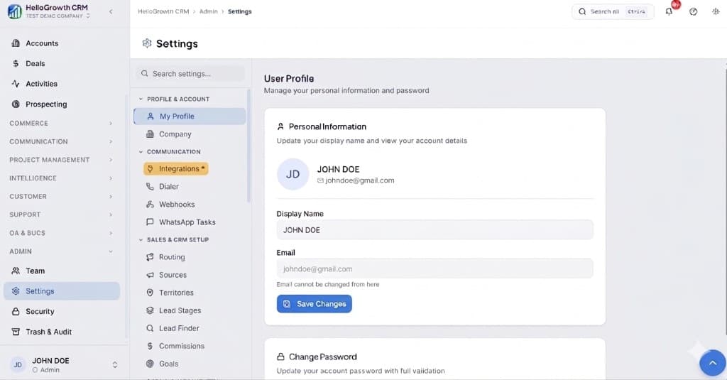 HelloGrowthCRM Settings: Admin sidebar with Settings selected, secondary menu with Communication and Integrations, and profile area