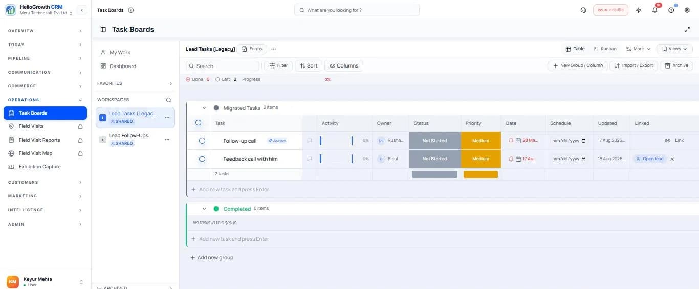 HelloGrowthCRM task board in table view showing follow-up tasks with owner, status, priority, due date and the linked lead