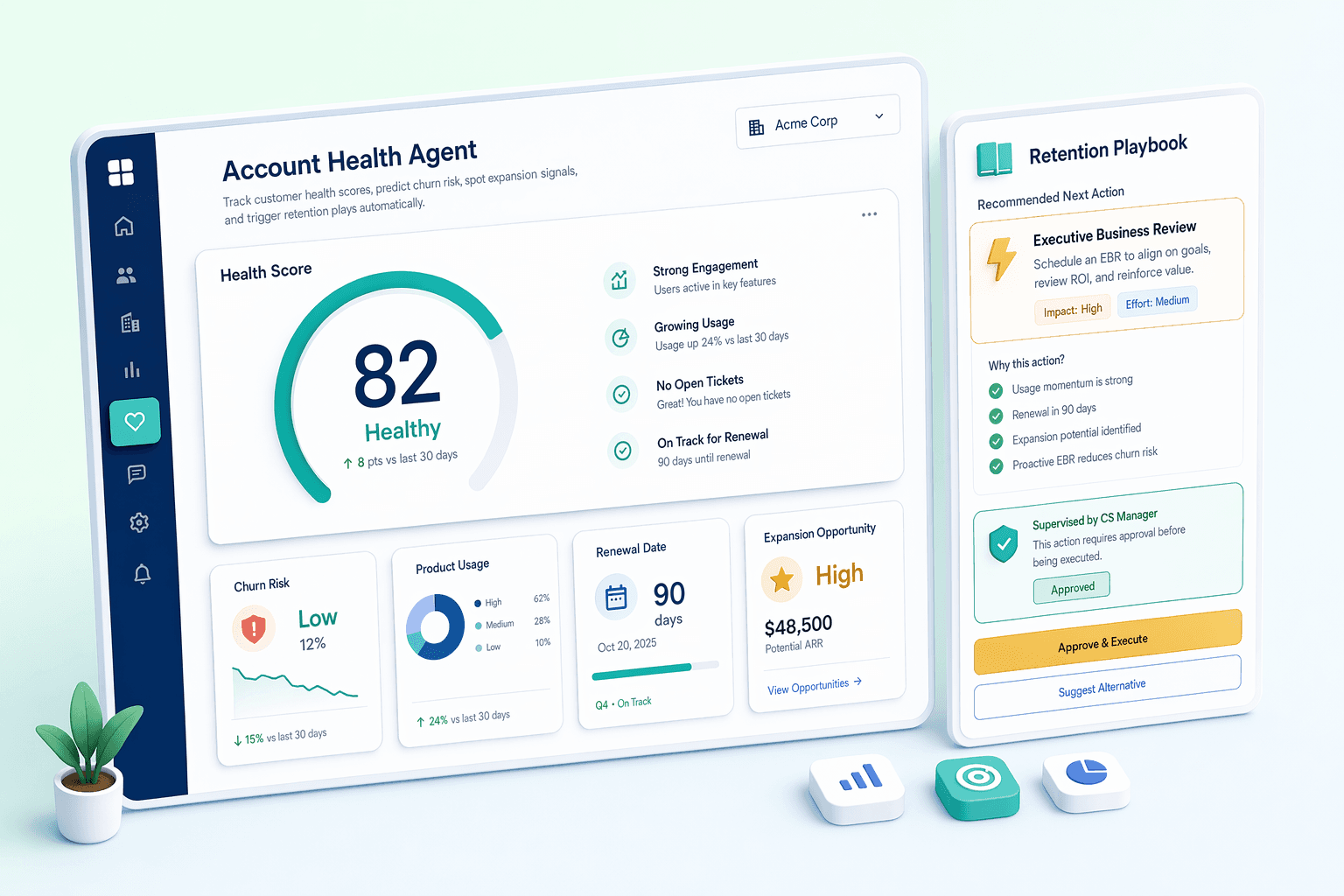 Customer health score dashboard for churn risk and expansion opportunities