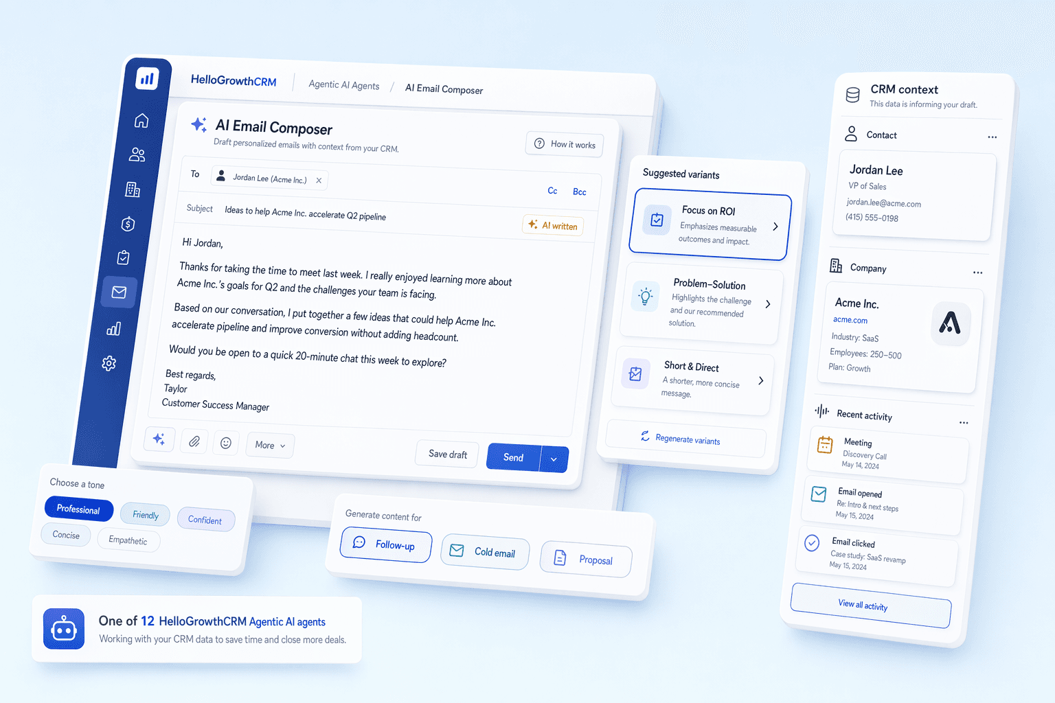 AI email composer showing context-aware drafting from CRM data, smart compose suggestions, and personalized email generation