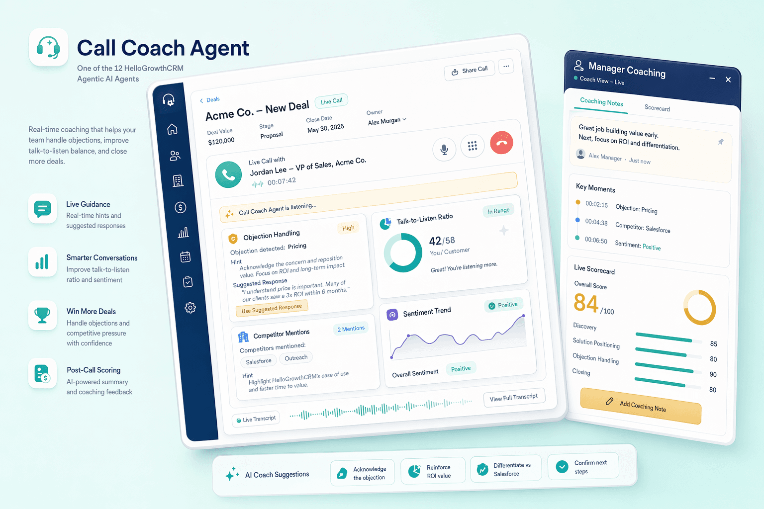 AI call coaching overlay showing real-time battle cards and objection handling tips on sales rep screen