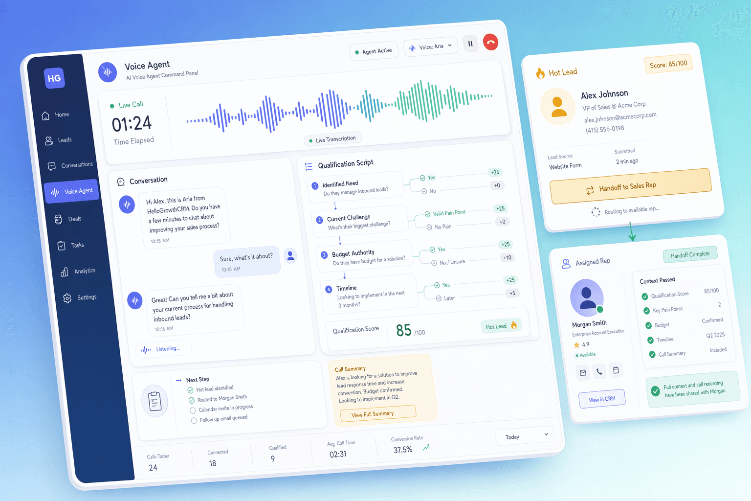 AI voice agent interface showing live call workflow, qualification script, and automatic lead routing inside HelloGrowthCRM
