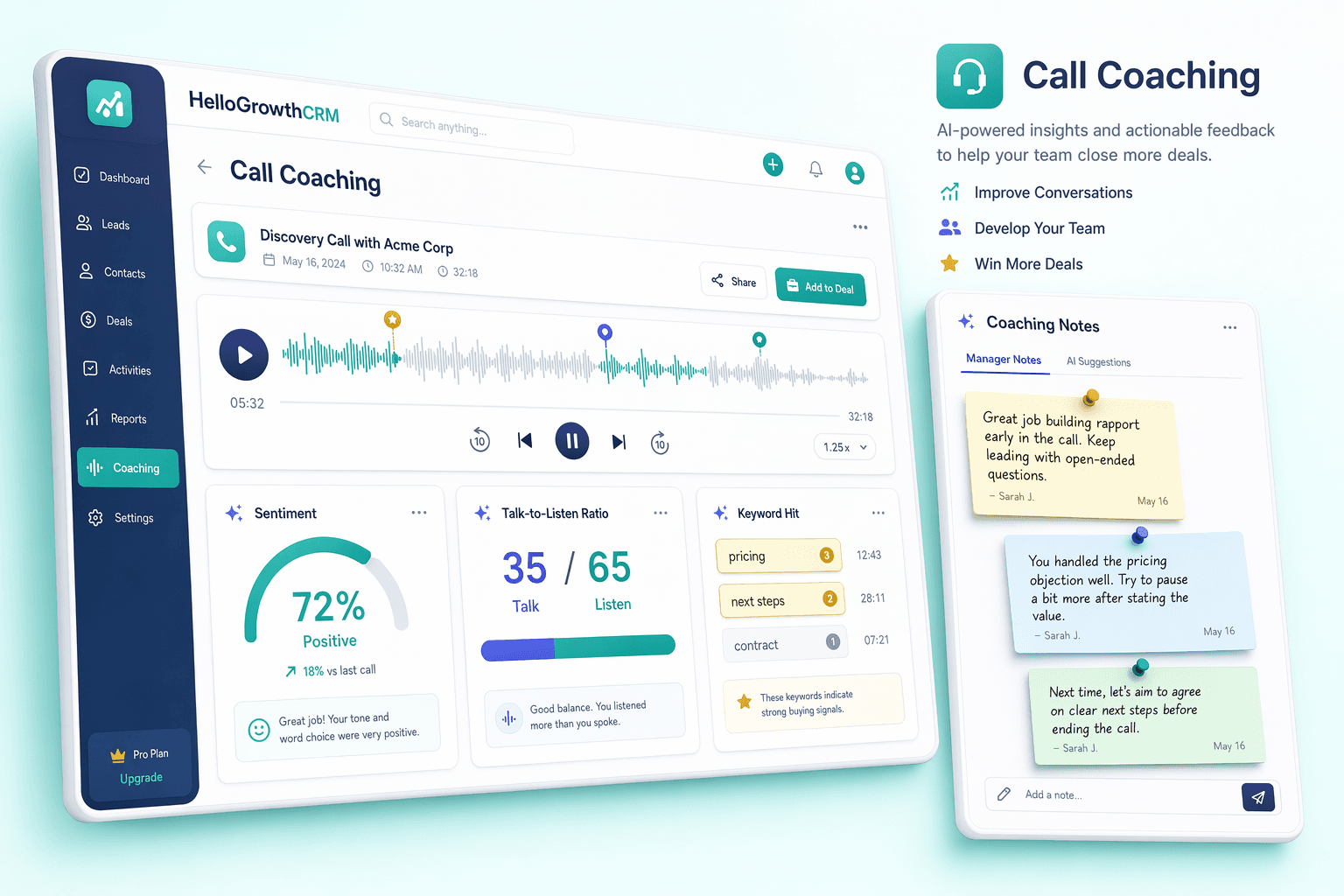 AI call coaching overlay showing real-time battle cards and objection handling tips on sales rep screen