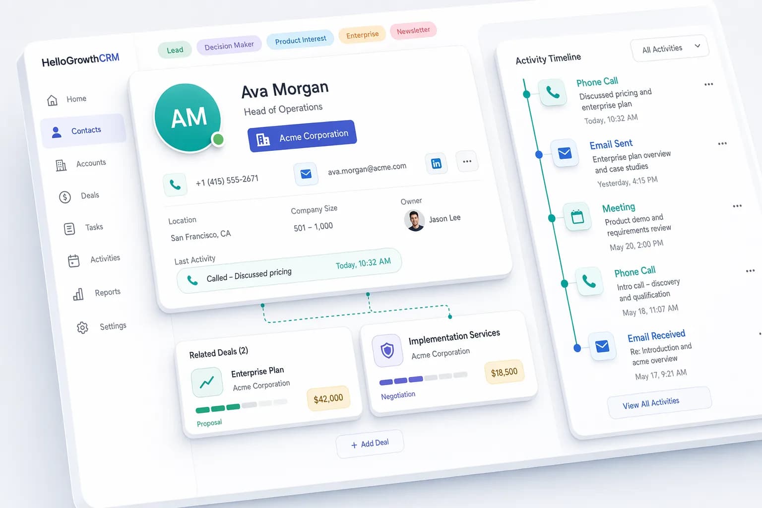 CRM contact management software for leads, accounts, and activity history