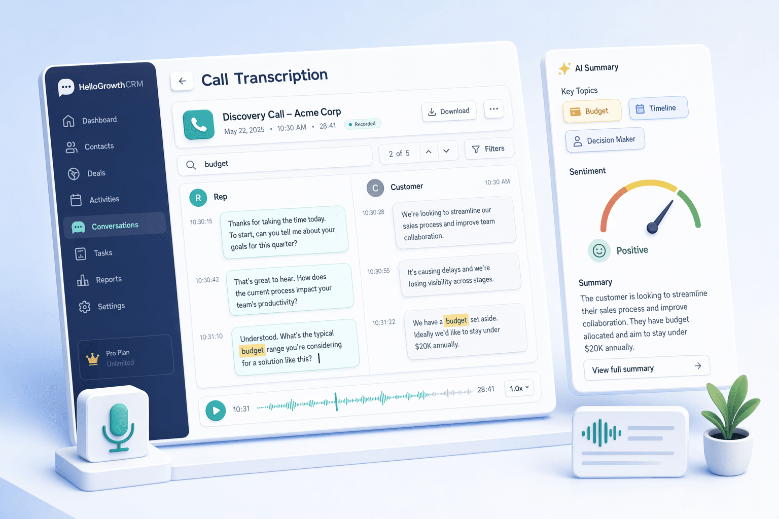 Call transcription interface showing AI-generated summary, speaker diarization, and extracted action items
