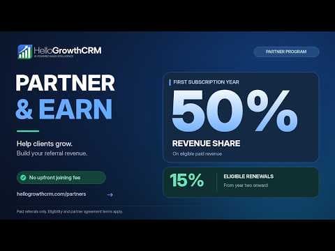 YouTube thumbnail — HelloGrowth CRM Partner Program | Earn 50% First-Year Revenue Share