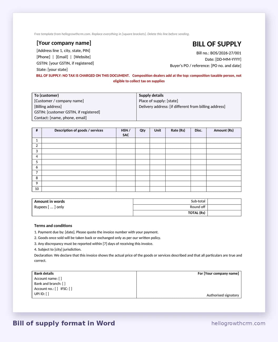 Bill of supply format in Word with no tax columns, HSN column, sub-total and the composition dealer wording