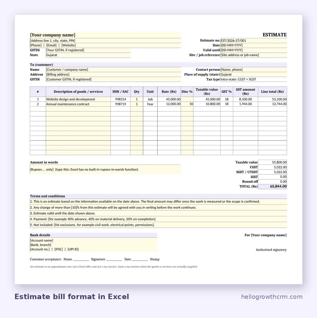Estimate bill format in Excel with sample items and totals calculated by formulas
