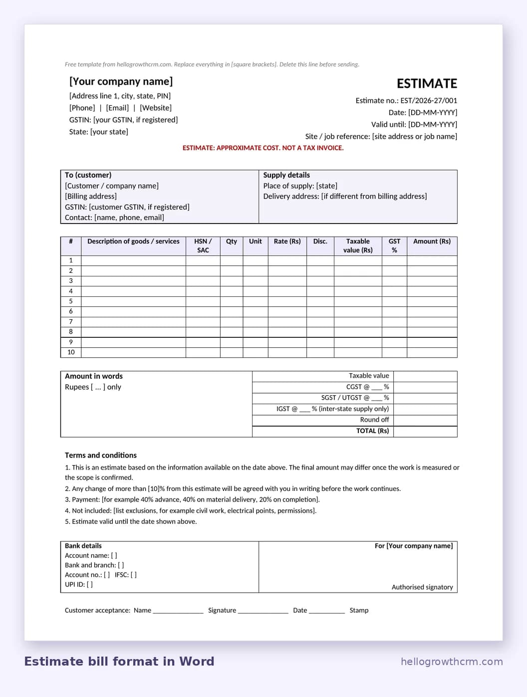 Estimate bill format in Word marked approximate cost, not a tax invoice, with item table, GST rows, terms and acceptance line