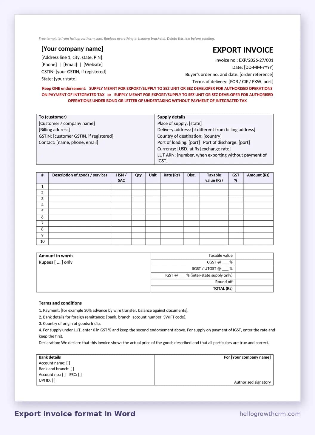 Export invoice format in Word with both export endorsements, country of destination, ports, currency and LUT reference