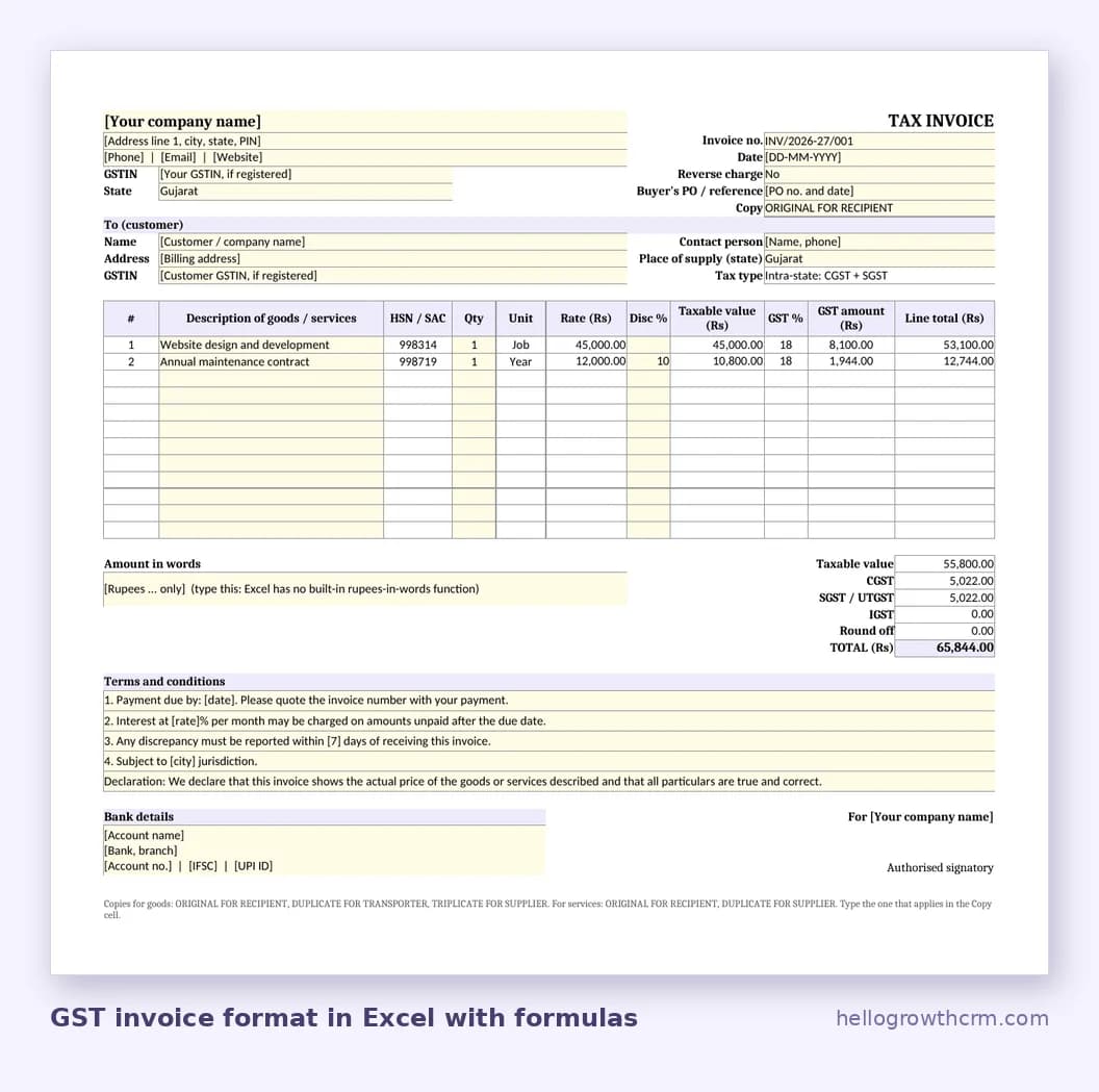 GST invoice format in Excel with sample items and formulas for taxable value, CGST, SGST, IGST, round off and total