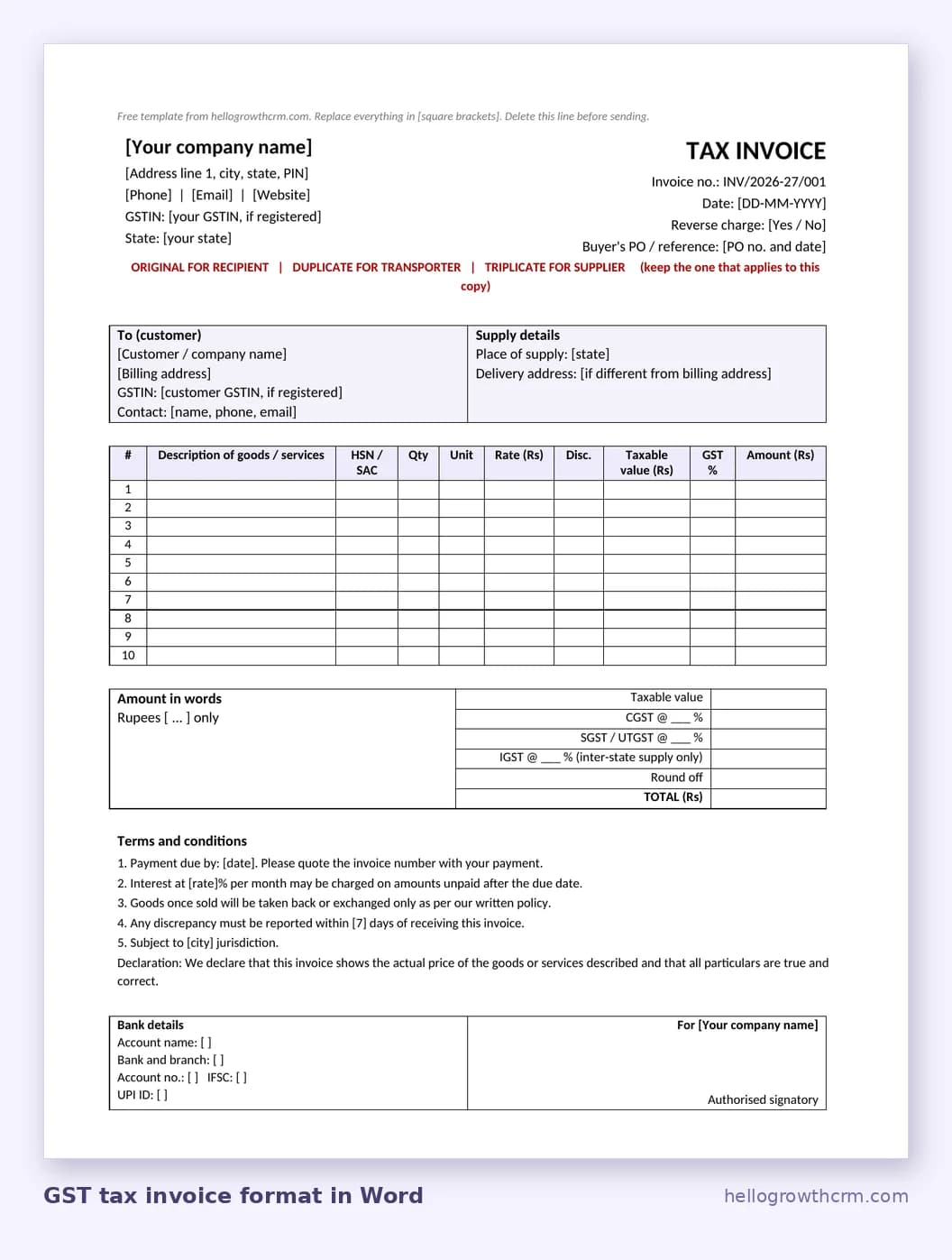 GST tax invoice format in Word with invoice number, reverse charge, place of supply, HSN or SAC, taxable value, CGST, SGST and IGST rows, declaration and signature
