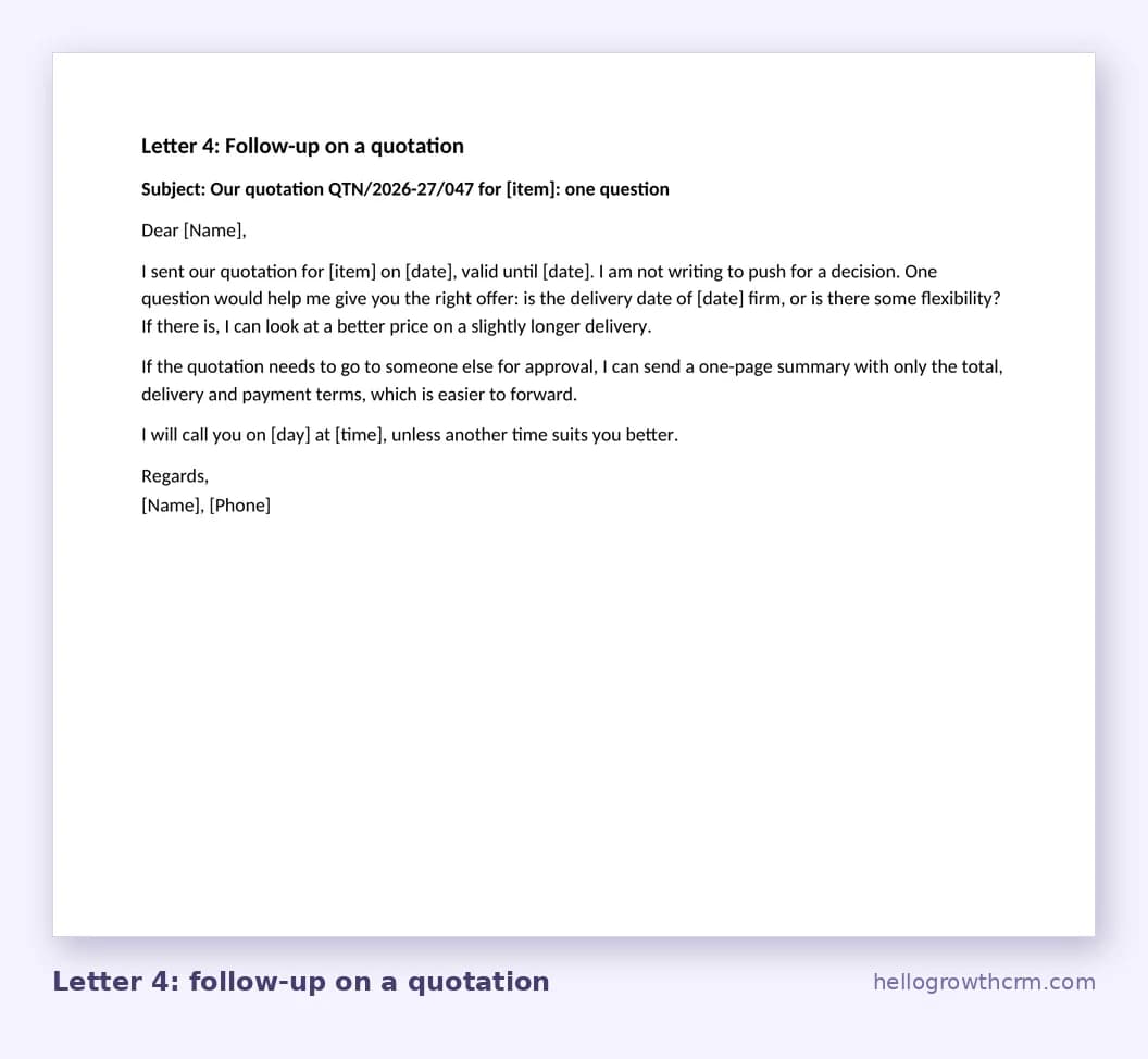 Follow-up letter format for a quotation that has not been answered