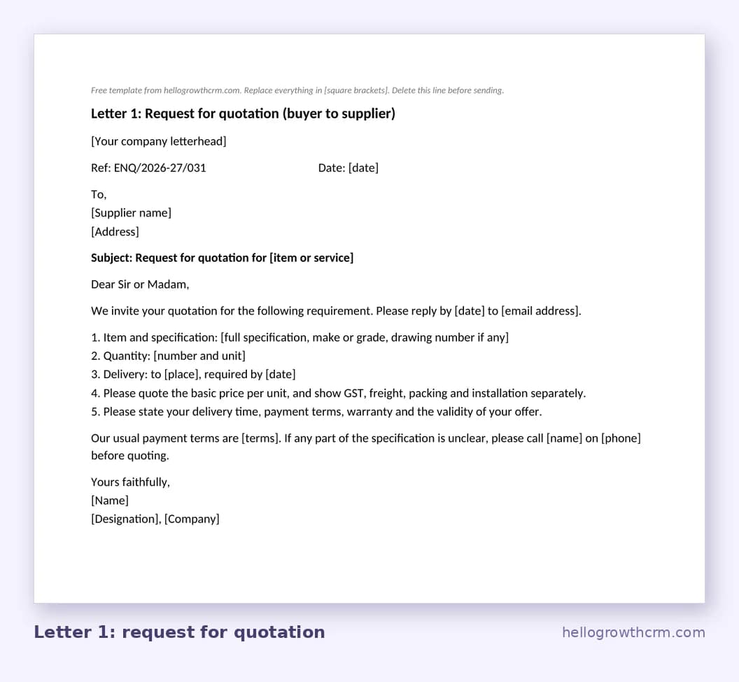 Request for quotation letter format from a buyer to a supplier, with reference number, subject line and numbered requirements