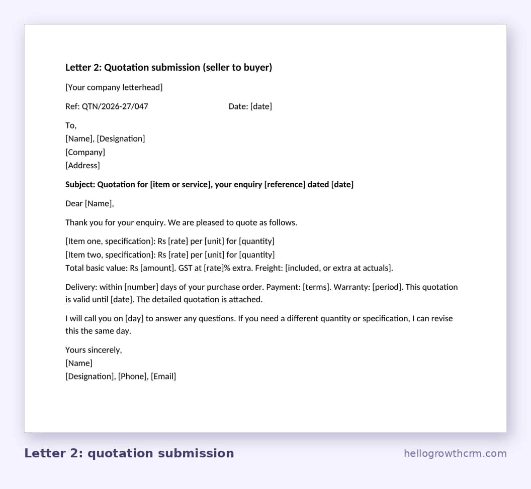 Quotation submission letter format from a seller to a buyer, used as a cover letter for a priced quotation