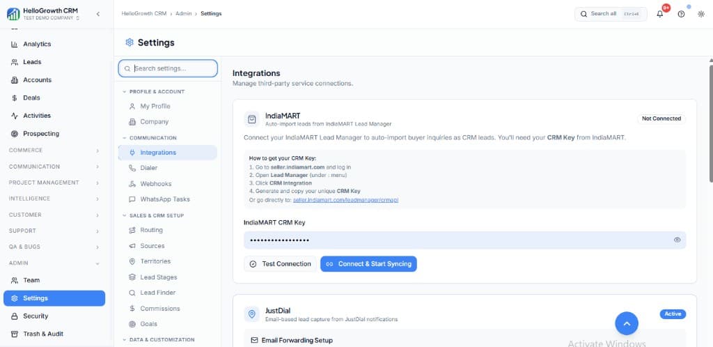 HelloGrowthCRM Settings: Integrations under Communication, IndiaMART card with CRM Key instructions, Test Connection and Connect and Start Syncing