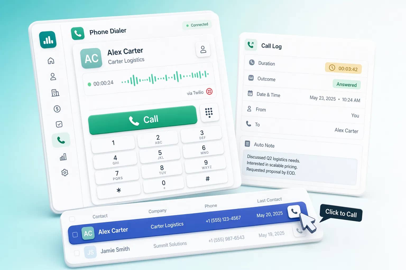 Built-in Phone Dialer (Twilio-Powered)