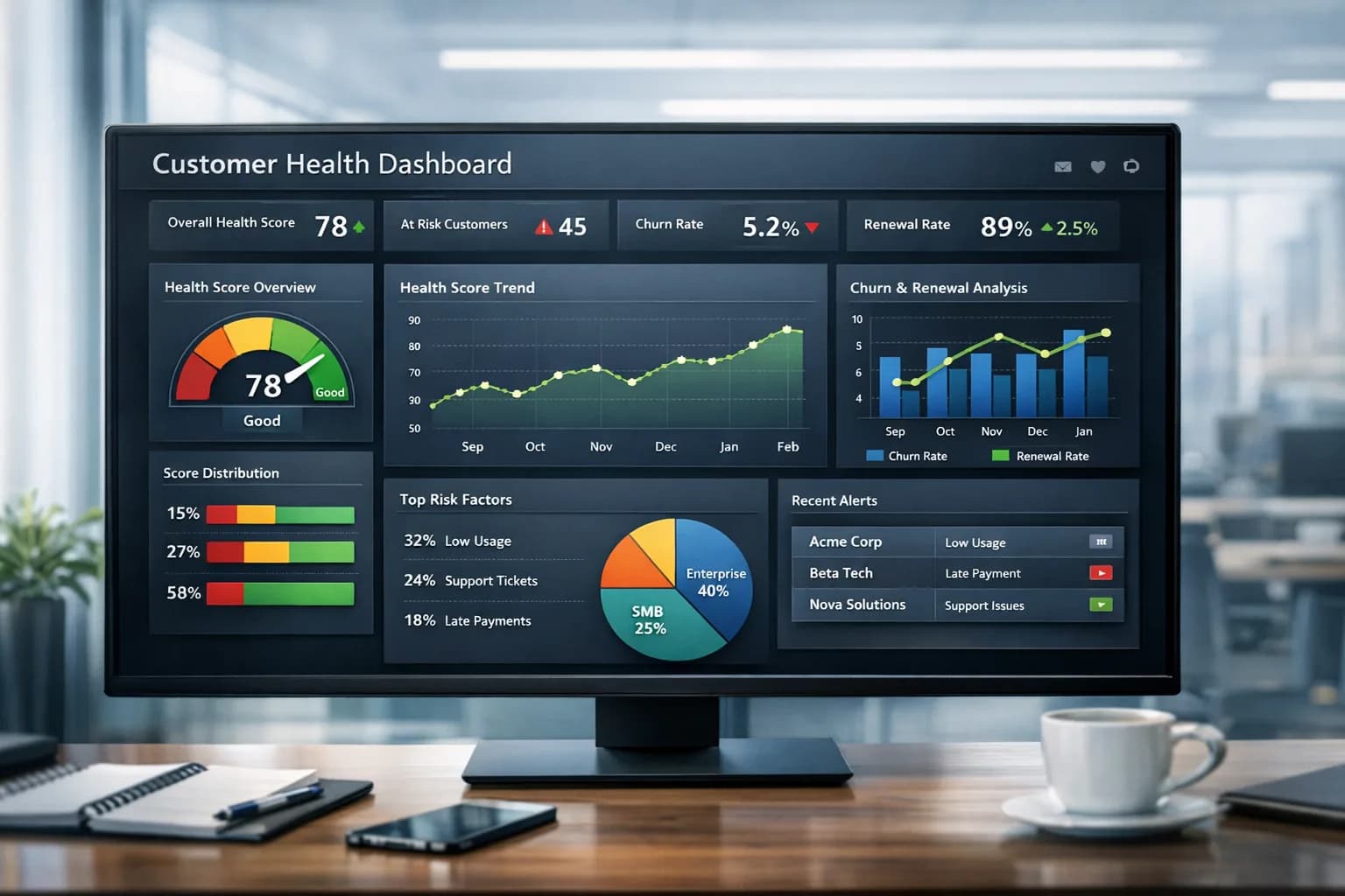 Customer health score dashboard for churn risk and expansion opportunities