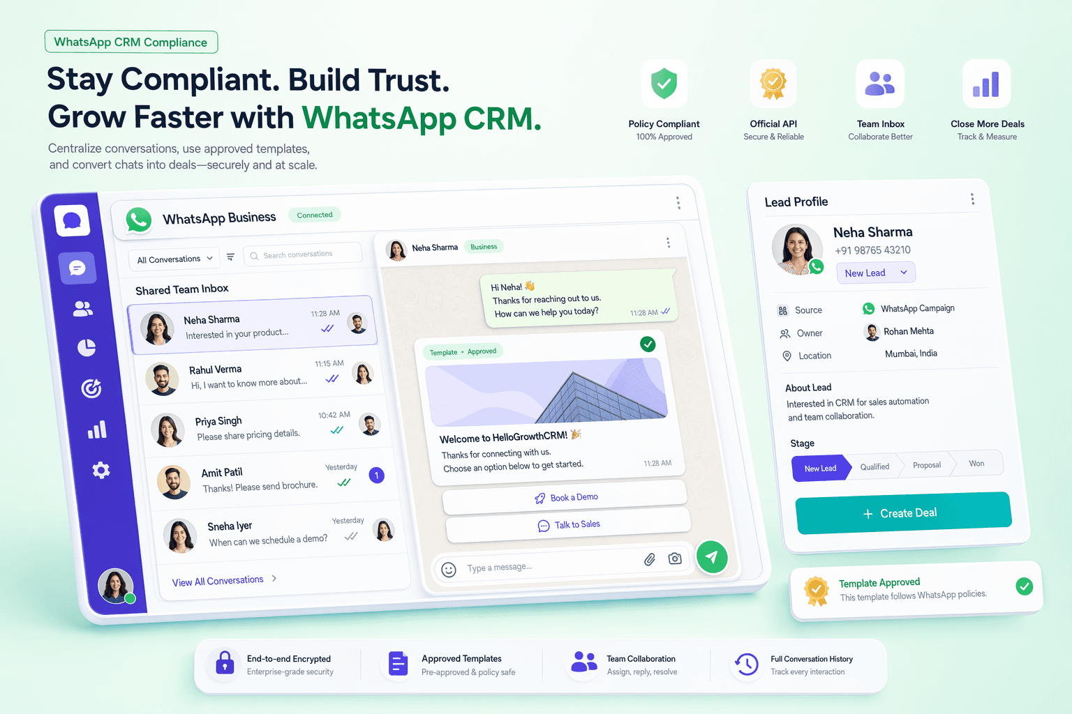 HelloGrowthCRM WhatsApp compliance dashboard — opt-out logs, consent records, DPDPA audit trail
