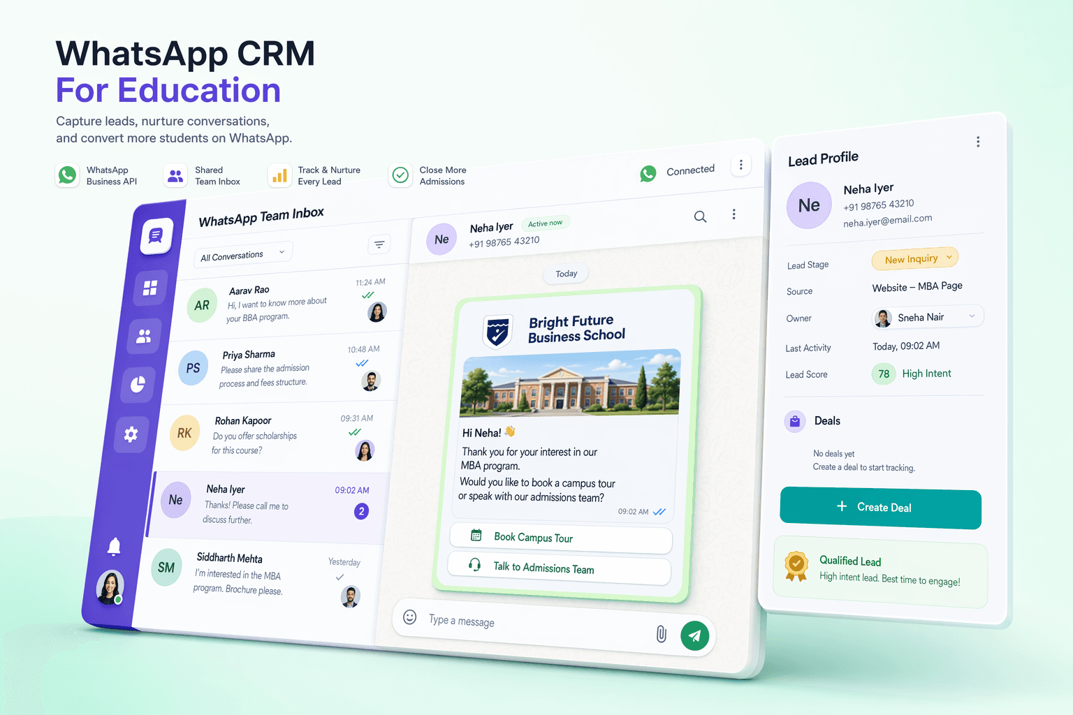 HelloGrowthCRM WhatsApp CRM for education — student admissions pipeline with WhatsApp follow-up