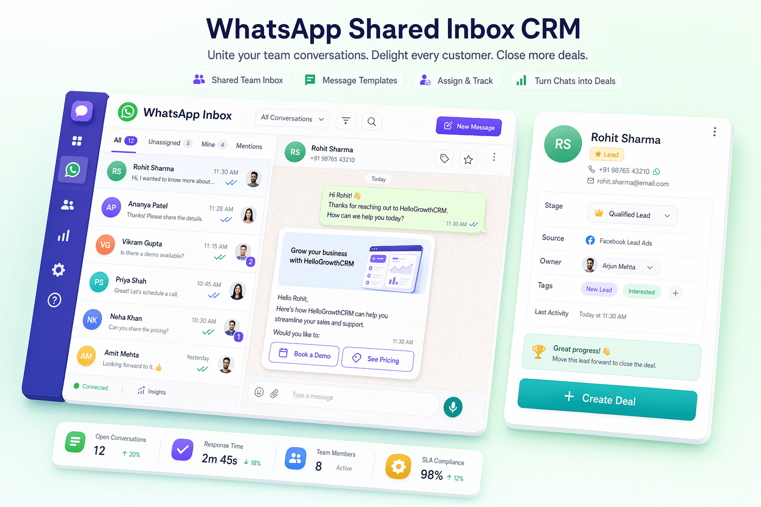 WhatsApp Shared Inbox CRM — team inbox with lead cards, assignment queue, and pipeline