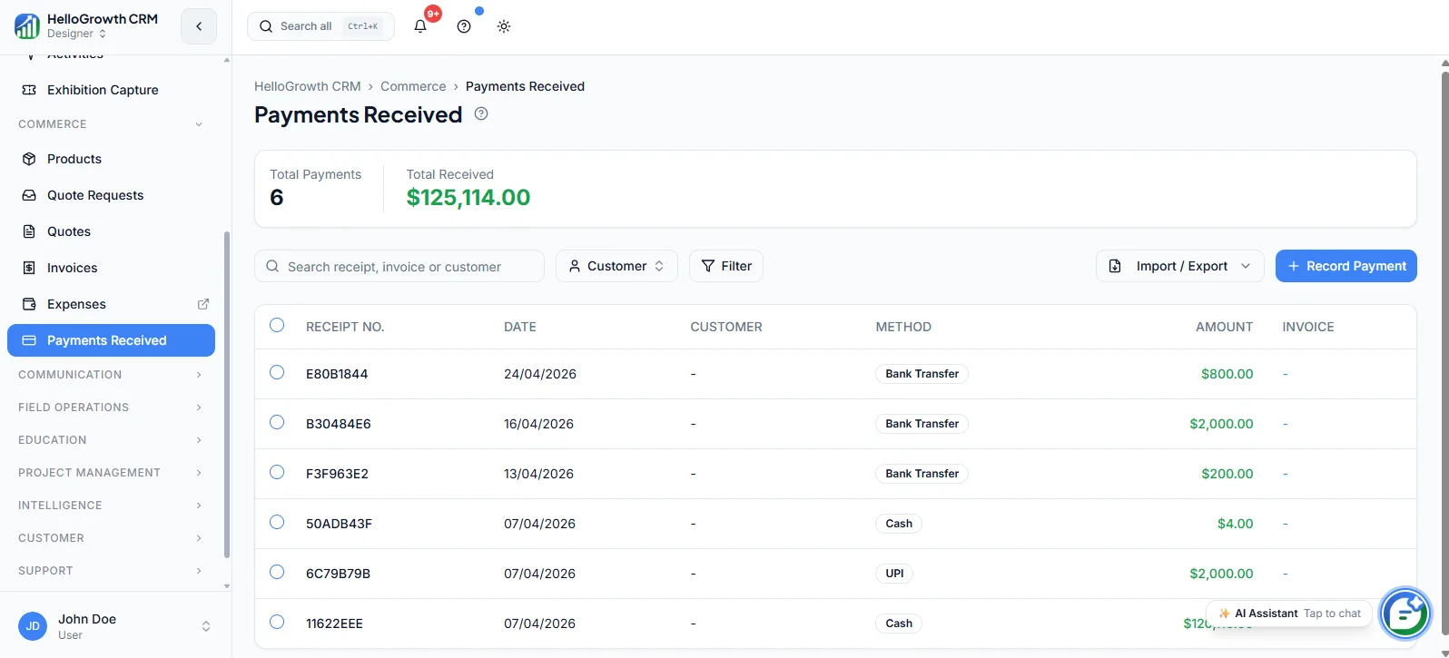 Payments Received screenshot