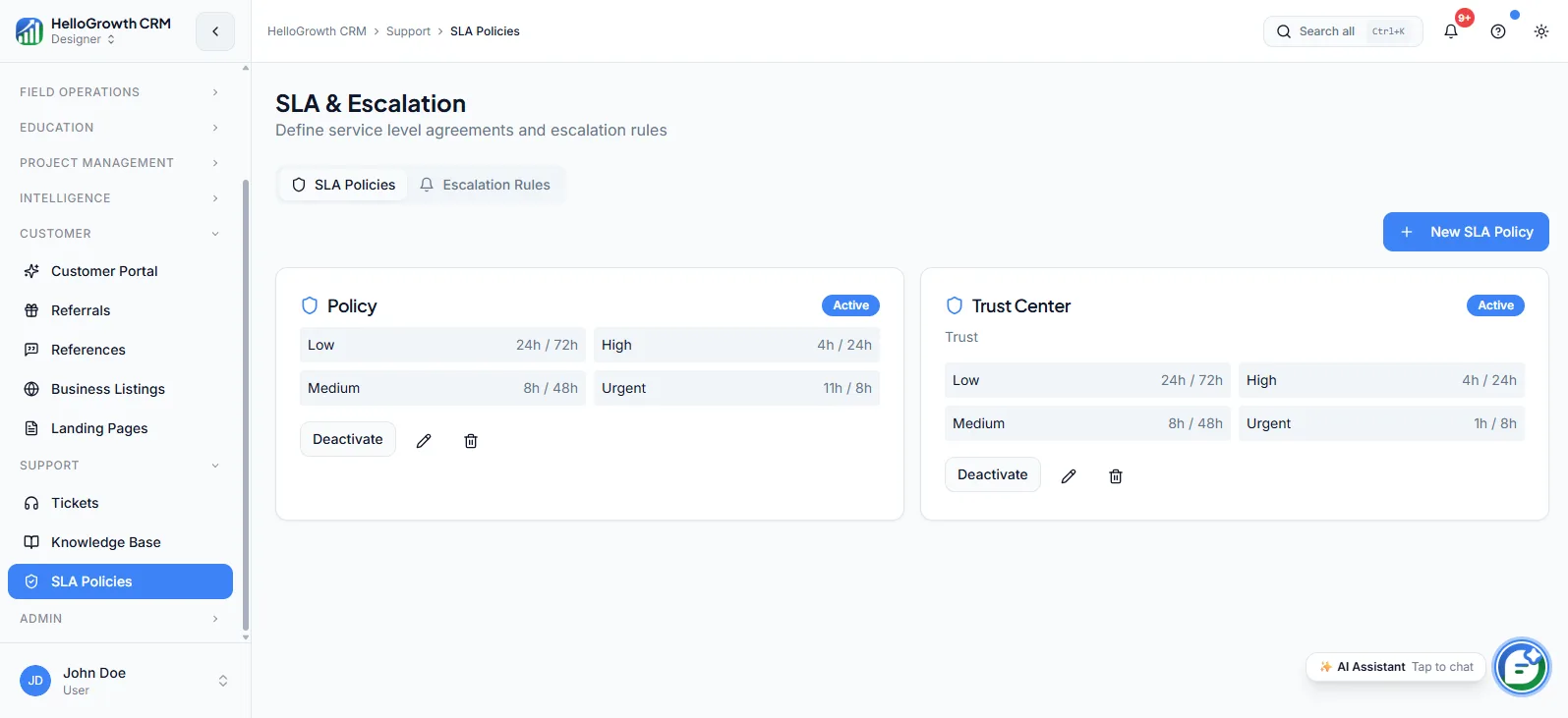 SLA Policies screenshot